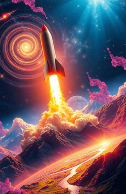 A stunning visualization of escape velocity, represented as a powerful rocket launching from a vibrant, abstract planetary landscape