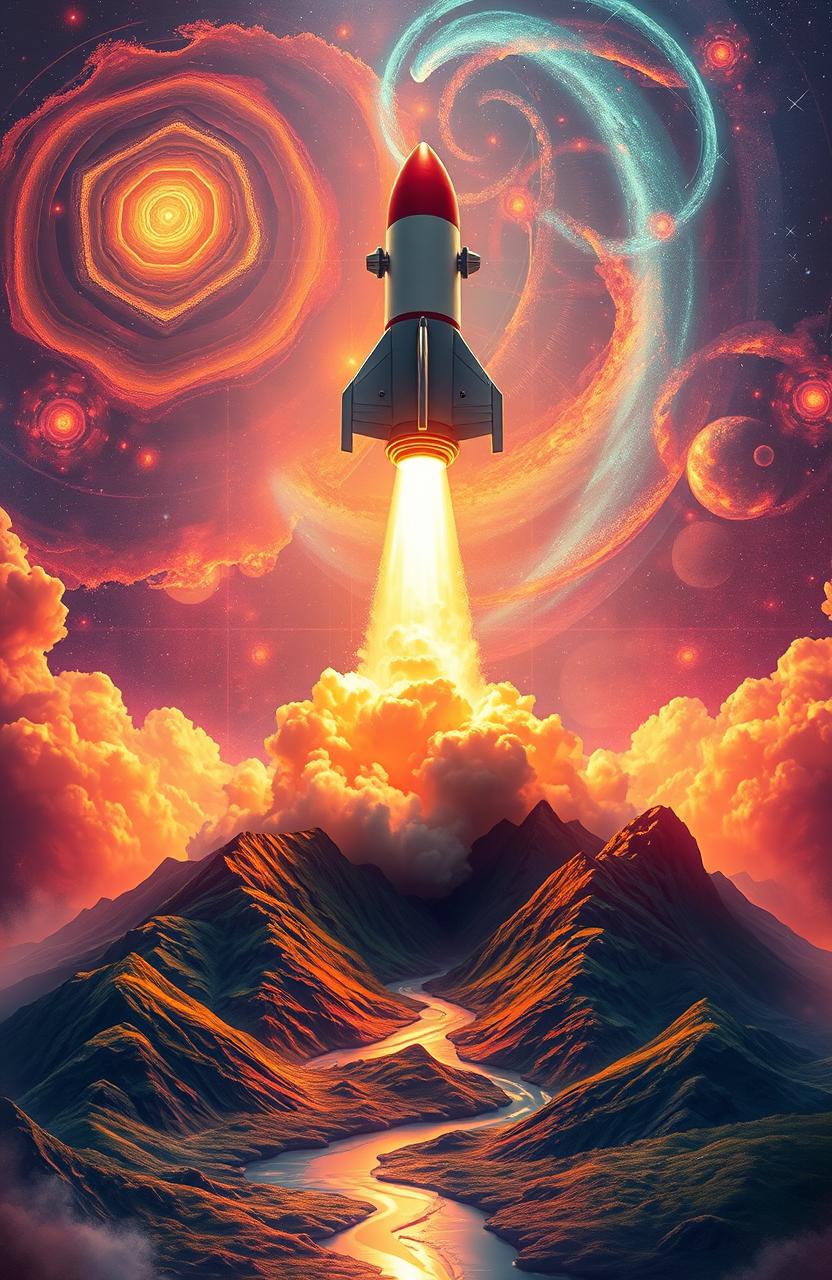 A stunning visualization of escape velocity, represented as a powerful rocket launching from a vibrant, abstract planetary landscape