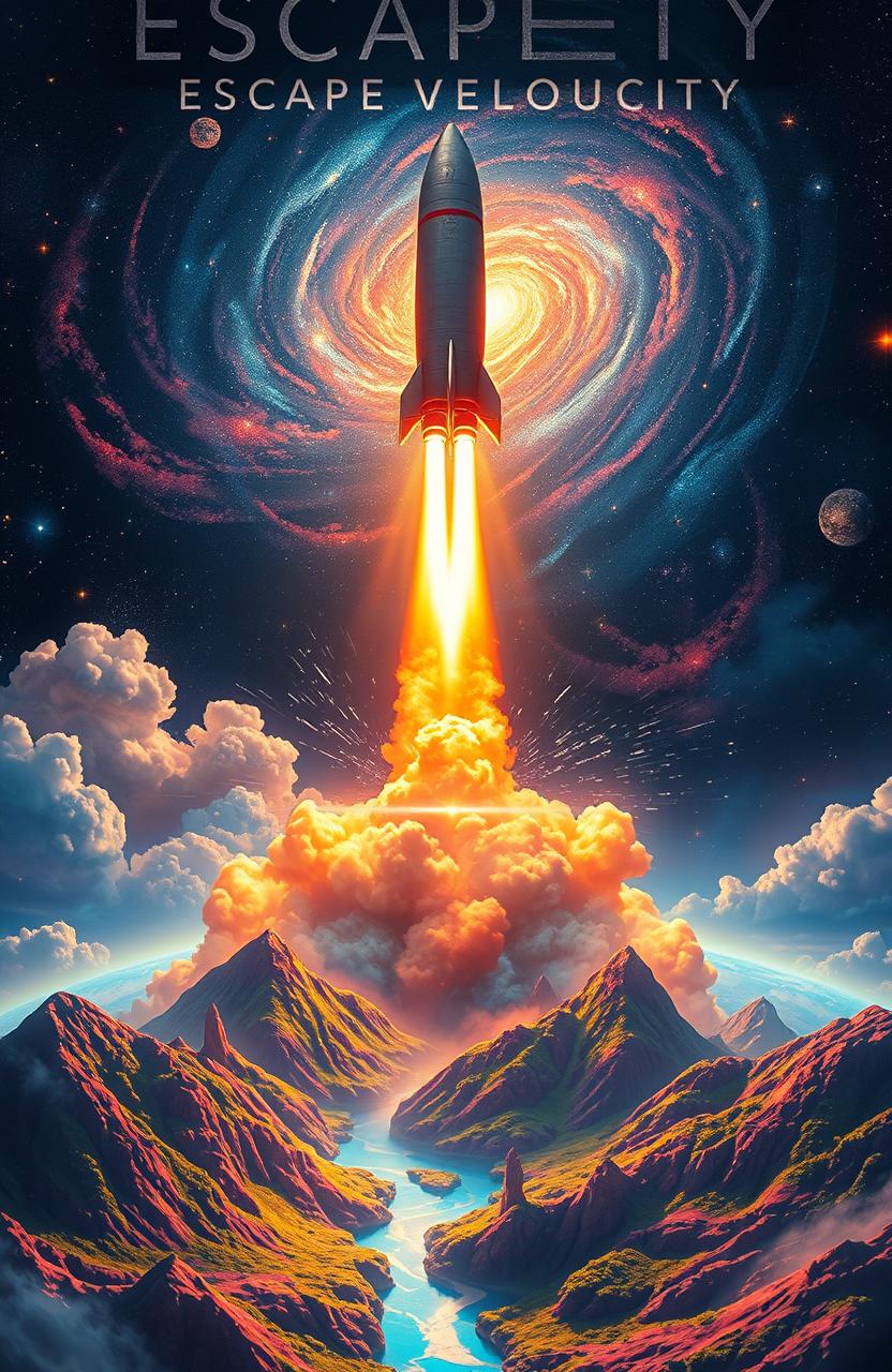 A stunning visualization of escape velocity, represented as a powerful rocket launching from a vibrant, abstract planetary landscape