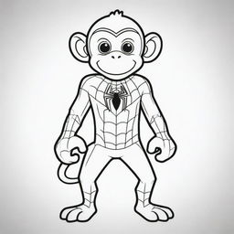 An amusing, two-dimensional black and white outline of a monkey dressed as Spiderman for a colouring page.