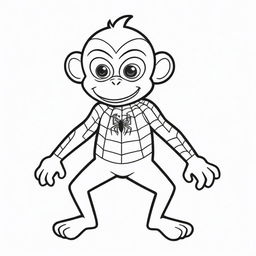 An amusing, two-dimensional black and white outline of a monkey dressed as Spiderman for a colouring page.