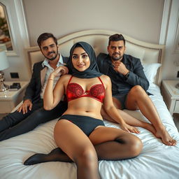 A stunning woman in a hijab lies elegantly on a luxurious bed, wearing a fashionable red bra and black panties