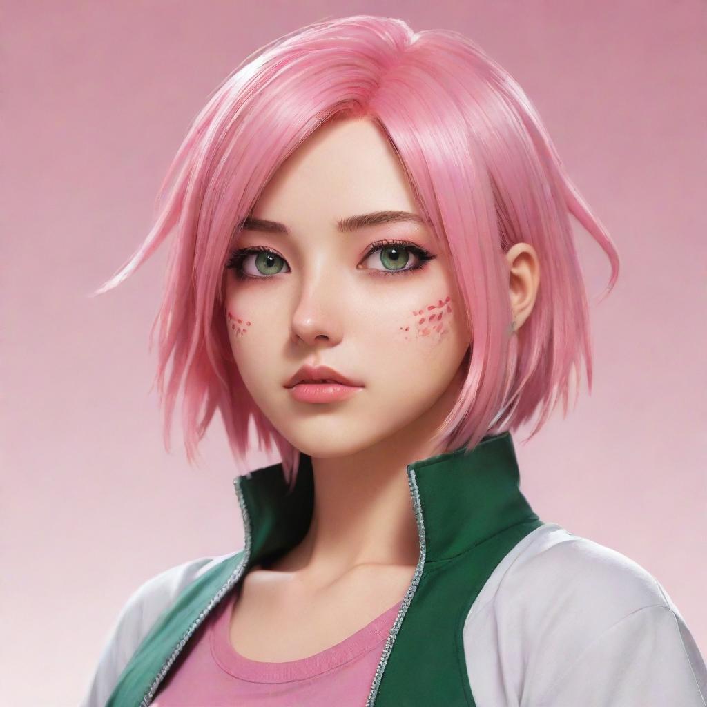 Illustrations of Sakura Haruno reimagined in different anime styles. Portray her in the unique aesthetics of anime like My Hero Academia, One Piece, Demon Slayer, and Attack on Titan while maintaining her signature pink hair and green eyes.