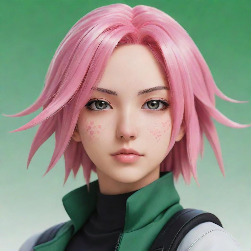 Illustrations of Sakura Haruno reimagined in different anime styles. Portray her in the unique aesthetics of anime like My Hero Academia, One Piece, Demon Slayer, and Attack on Titan while maintaining her signature pink hair and green eyes.