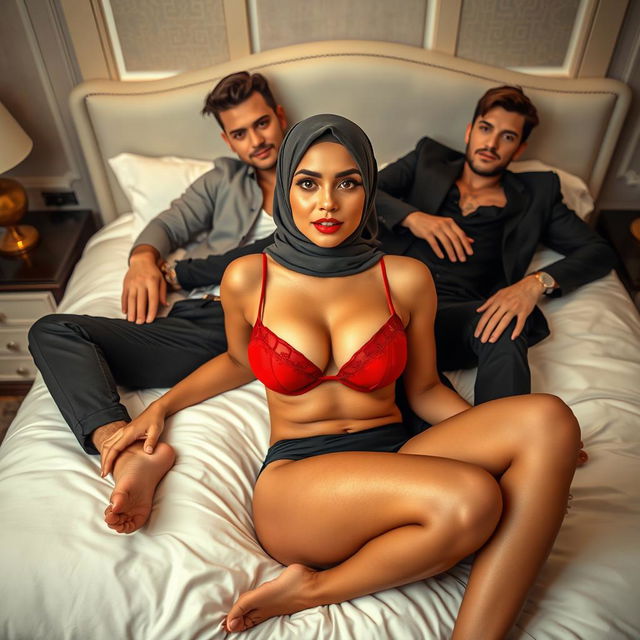 A stunning woman in a hijab lies elegantly on a luxurious bed, wearing a fashionable red bra and black panties