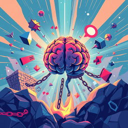 A contemporary illustration representing the theme 'Breaking Boundaries' by Aluma K Usim, depicting the human brain as a powerful symbol of resilience and innovation