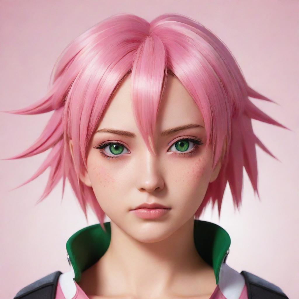 Illustrations of Sakura Haruno reimagined in different anime styles. Portray her in the unique aesthetics of anime like My Hero Academia, One Piece, Demon Slayer, and Attack on Titan while maintaining her signature pink hair and green eyes.