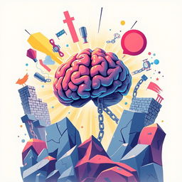 A contemporary illustration representing the theme 'Breaking Boundaries' by Aluma K Usim, depicting the human brain as a powerful symbol of resilience and innovation