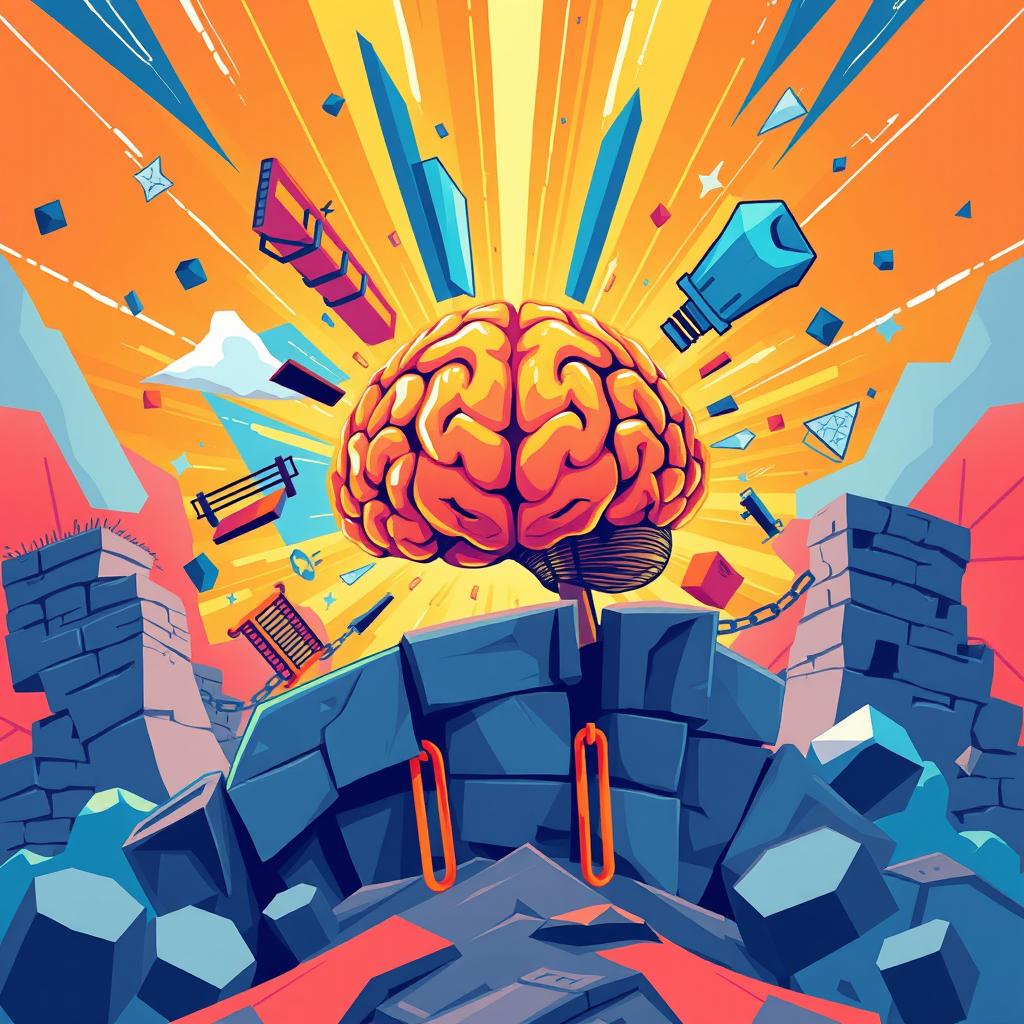 A contemporary illustration representing the theme 'Breaking Boundaries' by Aluma K Usim, depicting the human brain as a powerful symbol of resilience and innovation