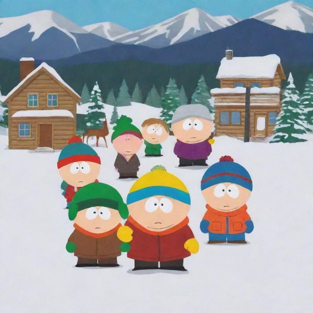 Characters from the animated show South Park, including Stan, Kyle, Cartman, and Kenny, in their familiar setting in a snowy Colorado town landscape.