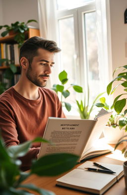 A serene and inspiring scene depicting a person engaged in self-improvement activities such as reading a motivational book in a cozy, sunlit room filled with houseplants