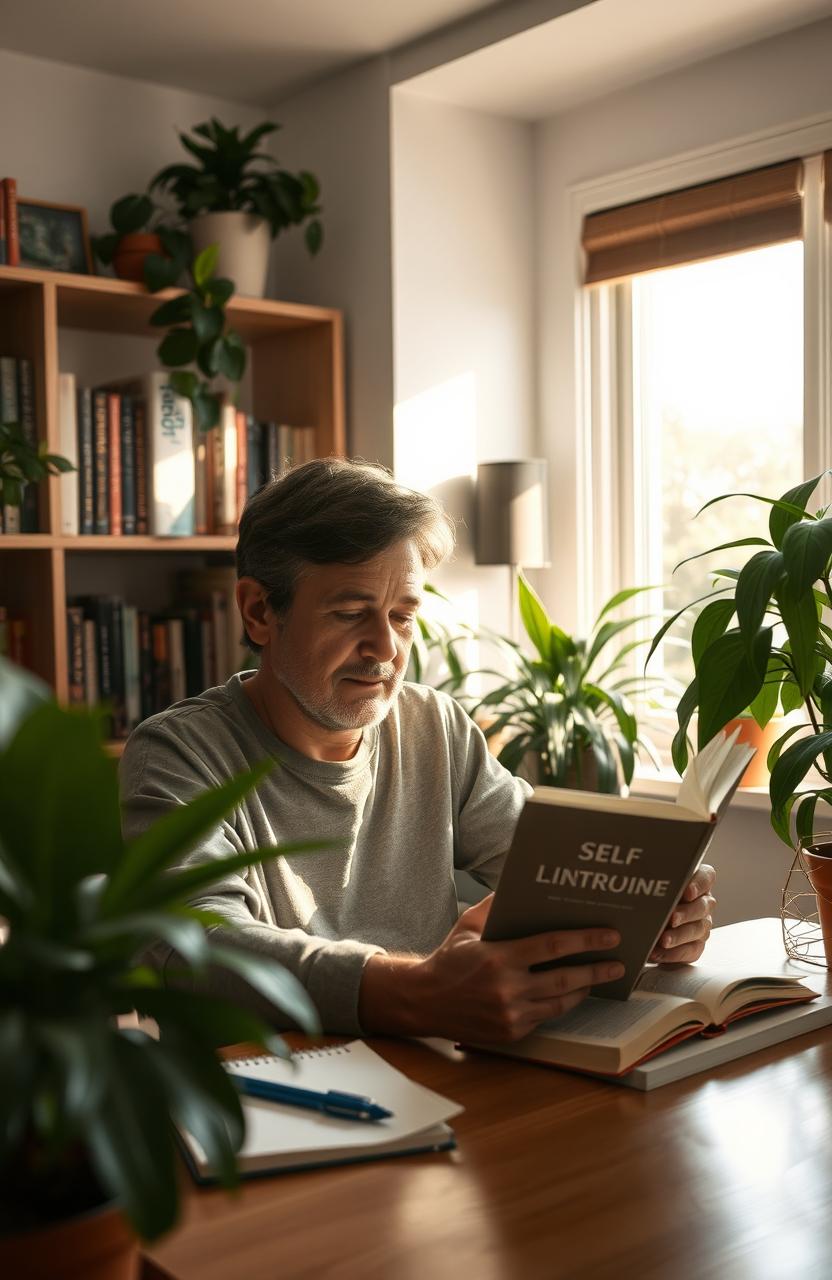 A serene and inspiring scene depicting a person engaged in self-improvement activities such as reading a motivational book in a cozy, sunlit room filled with houseplants