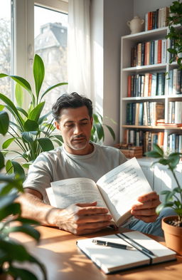 A serene and inspiring scene depicting a person engaged in self-improvement activities such as reading a motivational book in a cozy, sunlit room filled with houseplants