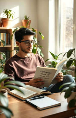 A serene and inspiring scene depicting a person engaged in self-improvement activities such as reading a motivational book in a cozy, sunlit room filled with houseplants