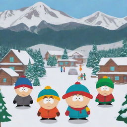 Characters from the animated show South Park, including Stan, Kyle, Cartman, and Kenny, in their familiar setting in a snowy Colorado town landscape.