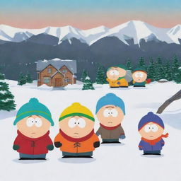 Characters from the animated show South Park, including Stan, Kyle, Cartman, and Kenny, in their familiar setting in a snowy Colorado town landscape.