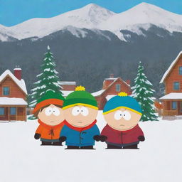 Characters from the animated show South Park, including Stan, Kyle, Cartman, and Kenny, in their familiar setting in a snowy Colorado town landscape.