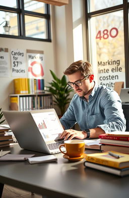 A professional scene showcasing a copywriter at work in a bright, modern office setting, passionately typing on a laptop