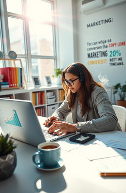 A professional scene showcasing a copywriter at work in a bright, modern office setting, passionately typing on a laptop