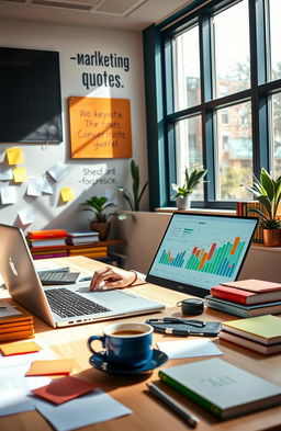 A professional scene showcasing a copywriter at work in a bright, modern office setting, passionately typing on a laptop