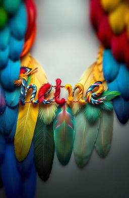 A beautiful artistic representation of colorful feathers from various birds, delicately arranged to form the shape of meaningful words