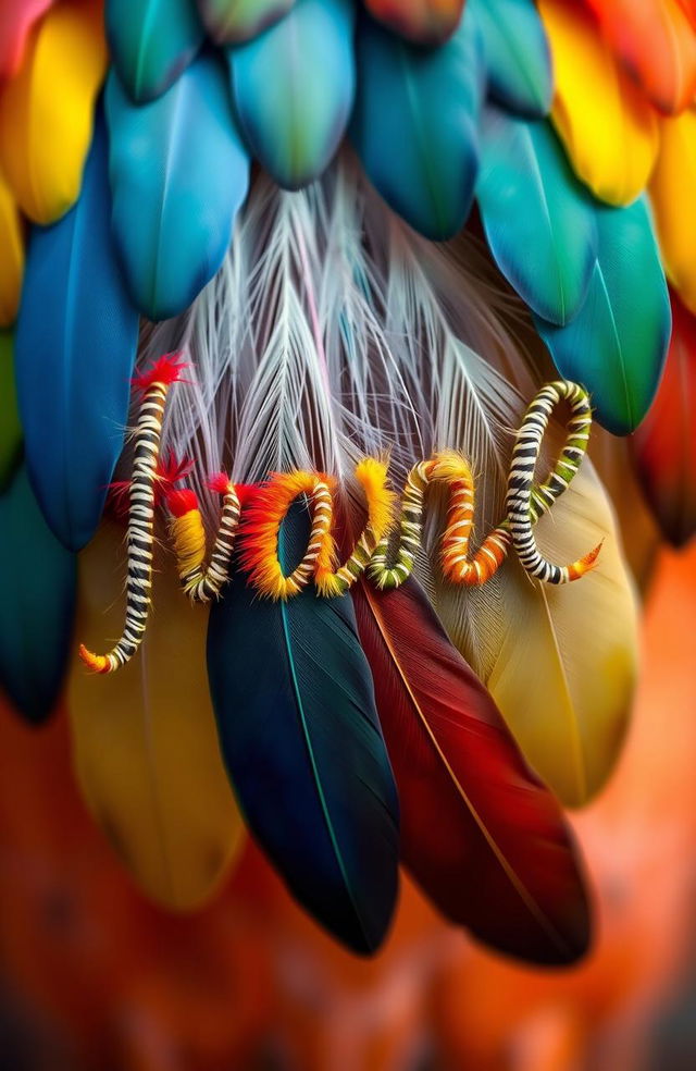 A beautiful artistic representation of colorful feathers from various birds, delicately arranged to form the shape of meaningful words