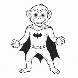 An exciting, two-dimensional black and white outline of a monkey dressed as Batman for a colouring page.