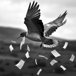 A dramatic black and white scene featuring a flying bird gracefully dropping delicate papers from its beak