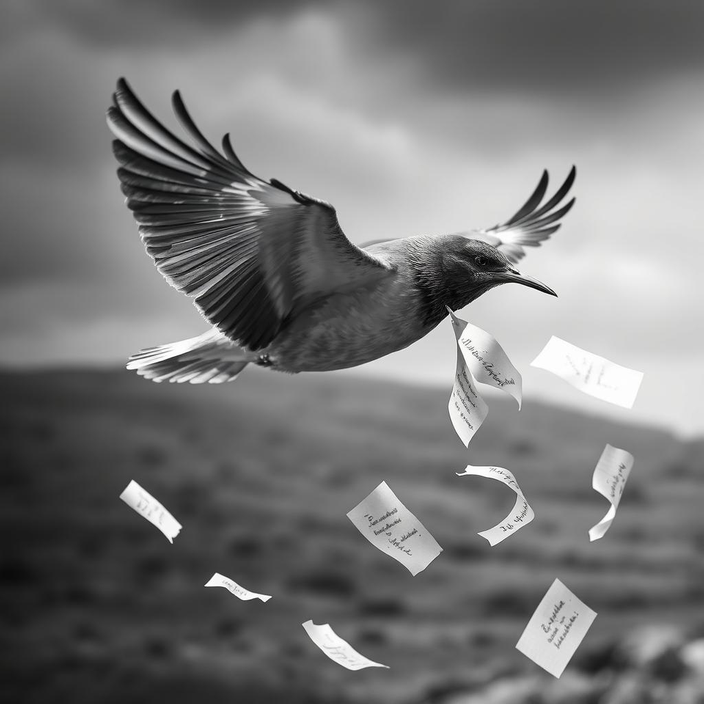 A dramatic black and white scene featuring a flying bird gracefully dropping delicate papers from its beak