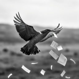 A dramatic black and white scene featuring a flying bird gracefully dropping delicate papers from its beak