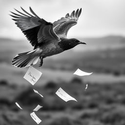 A dramatic black and white scene featuring a flying bird gracefully dropping delicate papers from its beak
