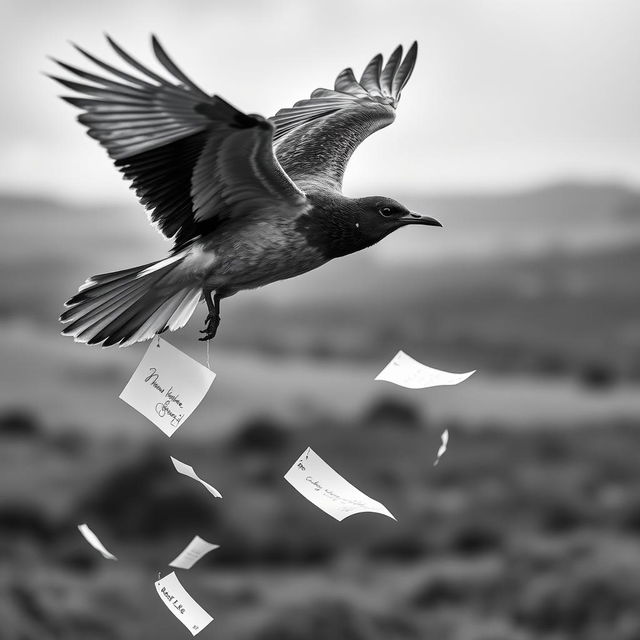 A dramatic black and white scene featuring a flying bird gracefully dropping delicate papers from its beak