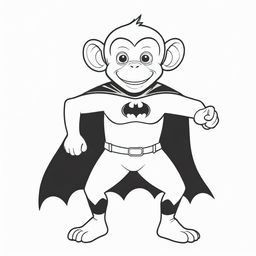 An exciting, two-dimensional black and white outline of a monkey dressed as Batman for a colouring page.