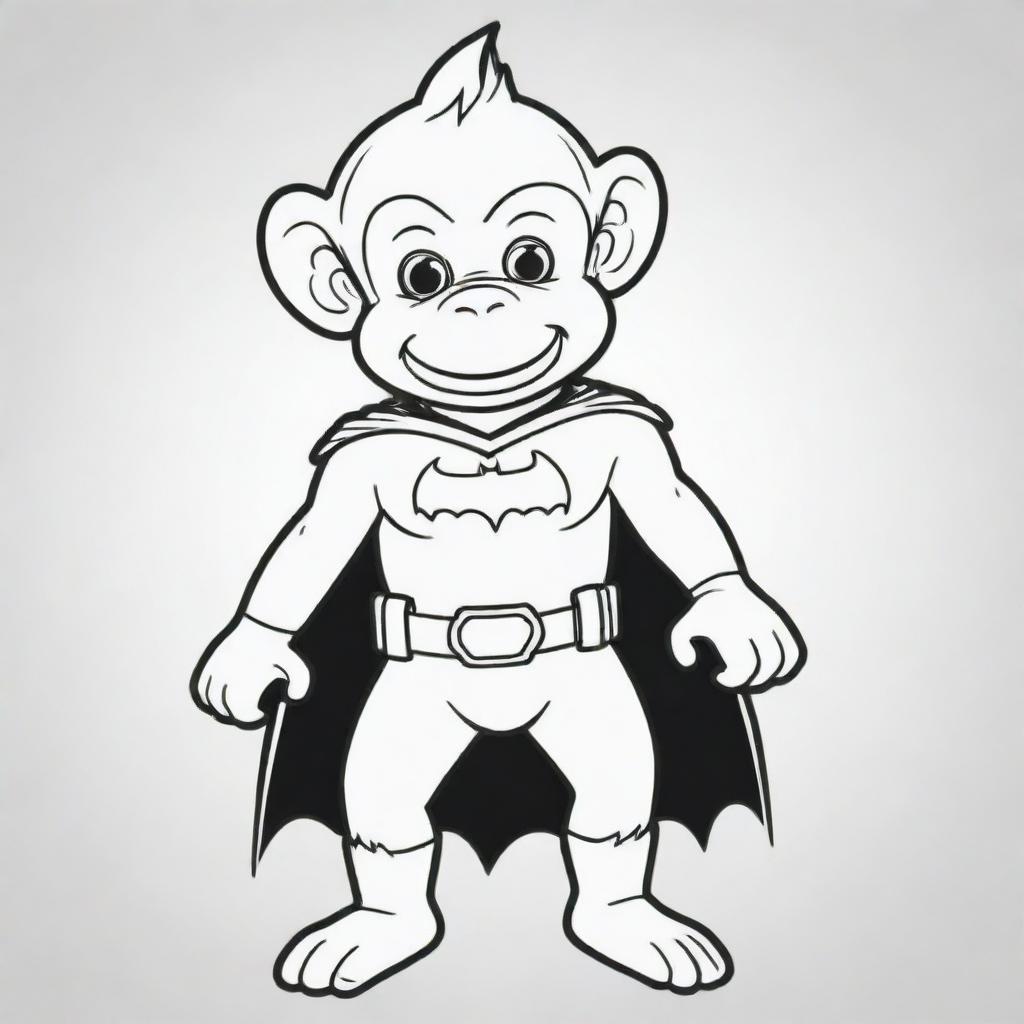 An exciting, two-dimensional black and white outline of a monkey dressed as Batman for a colouring page.