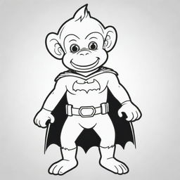 An exciting, two-dimensional black and white outline of a monkey dressed as Batman for a colouring page.