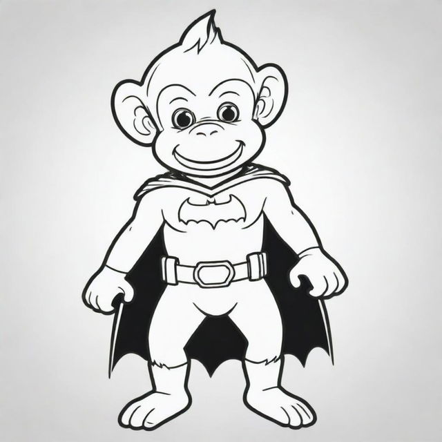 An exciting, two-dimensional black and white outline of a monkey dressed as Batman for a colouring page.