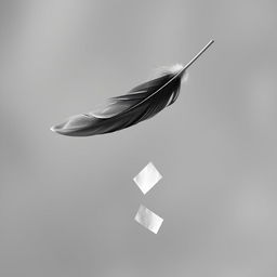 A captivating black and white scene featuring a single feather gently floating through the air, releasing delicate papers as it descends