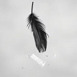 A captivating black and white scene featuring a single feather gently floating through the air, releasing delicate papers as it descends