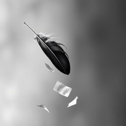 A captivating black and white scene featuring a single feather gently floating through the air, releasing delicate papers as it descends