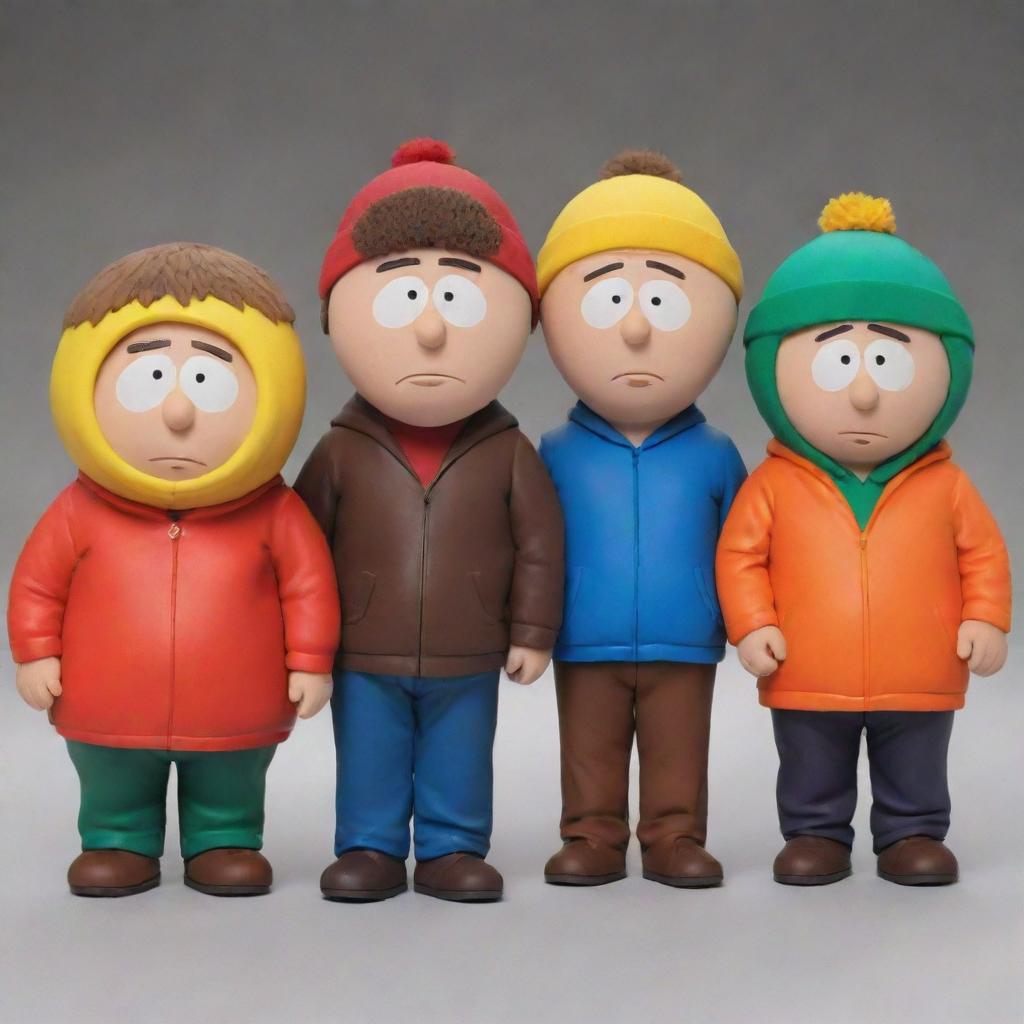 Realistic interpretations of iconic South Park characters Stan, Kyle, Cartman, and Kenny, maintaining their characteristic attire in a detailed, lifelike style.