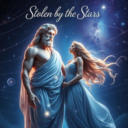 An enchanting book cover design for 'Stolen by the Stars', featuring a striking Greek god representing the stars, elegantly posed against a backdrop of a celestial night sky filled with twinkling stars and nebulas