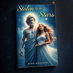 An enchanting book cover design for 'Stolen by the Stars', featuring a striking Greek god representing the stars, elegantly posed against a backdrop of a celestial night sky filled with twinkling stars and nebulas