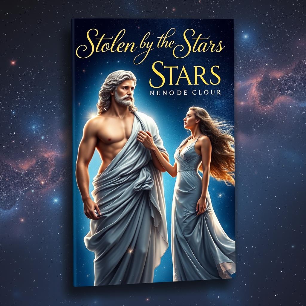 An enchanting book cover design for 'Stolen by the Stars', featuring a striking Greek god representing the stars, elegantly posed against a backdrop of a celestial night sky filled with twinkling stars and nebulas