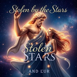 An enchanting book cover design for 'Stolen by the Stars', featuring a striking Greek god representing the stars, elegantly posed against a backdrop of a celestial night sky filled with twinkling stars and nebulas