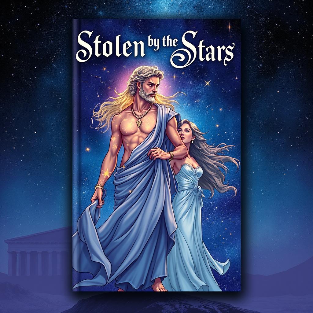 A captivating book cover illustration for 'Stolen by the Stars', featuring a Greek god embodying the essence of stars and constellations, standing majestically against a starry night sky