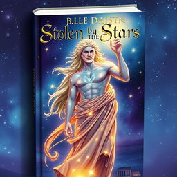 A captivating book cover illustration for 'Stolen by the Stars', featuring a Greek god embodying the essence of stars and constellations, standing majestically against a starry night sky