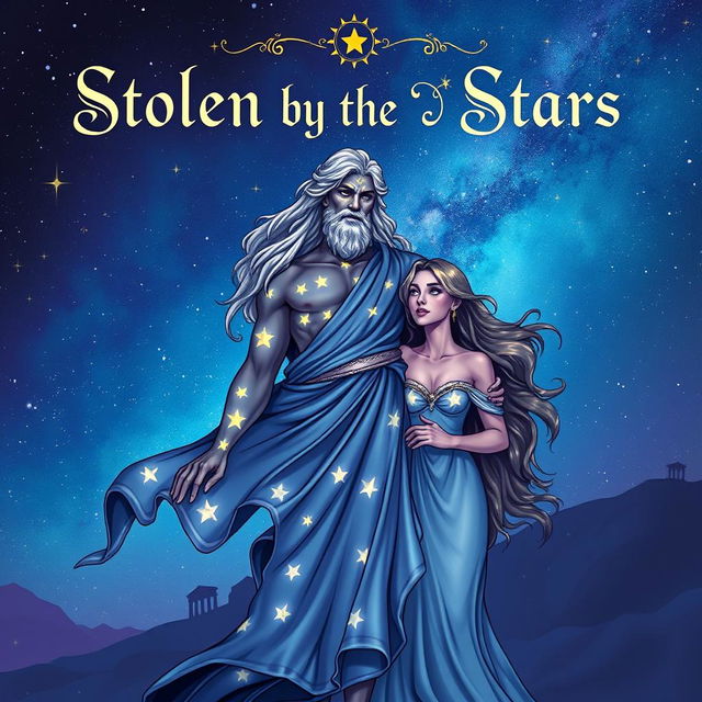 A captivating book cover illustration for 'Stolen by the Stars', featuring a Greek god embodying the essence of stars and constellations, standing majestically against a starry night sky