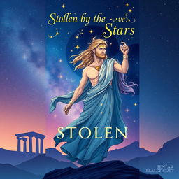 A captivating book cover illustration for 'Stolen by the Stars', featuring a Greek god embodying the essence of stars and constellations, standing majestically against a starry night sky