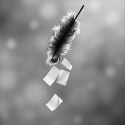 A captivating black and white image featuring a floating feather elegantly dropping papers in a whimsical manner