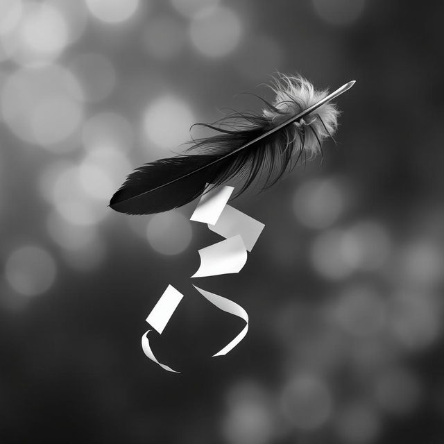 A captivating black and white image featuring a floating feather elegantly dropping papers in a whimsical manner